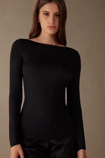 Intimssimi Boat Neck Modal Cashmere Ultralight Top Black | YILGT55613