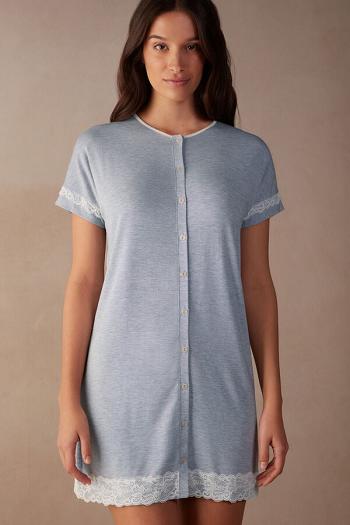 Intimssimi Lace Trim Button Up Nightgown Light Blue | ILJVR62848