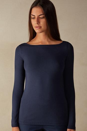 Intimssimi Long Sleeve Bateau Neck Top in Micromodal Blue | FILHY95704