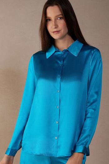 Intimssimi Long Sleeve Silk Shirt Blue | QILUV43155