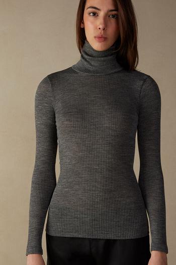 Intimssimi Long-sleeve High-Neck Tubular Top in Wool and Silk Grey | UILND13397