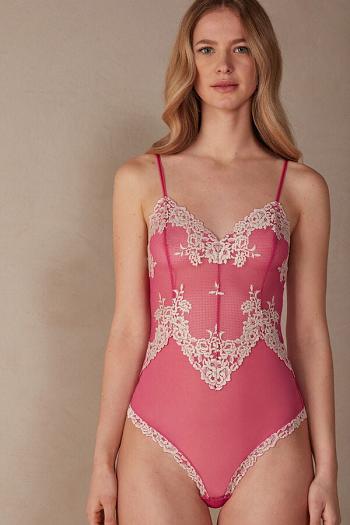 Intimssimi Pretty Flowers Tulle and Lace Bodysuit Pink | ILZDE32248