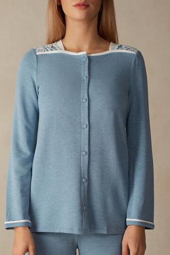 Intimssimi Romantic Bedroom Button Up Top in Modal with Wool Light Blue | ILICD24290