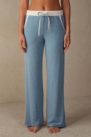 Intimssimi Romantic Bedroom Contrast Trim Full Length Pants in Modal with Wool Light Blue | YILGT87460