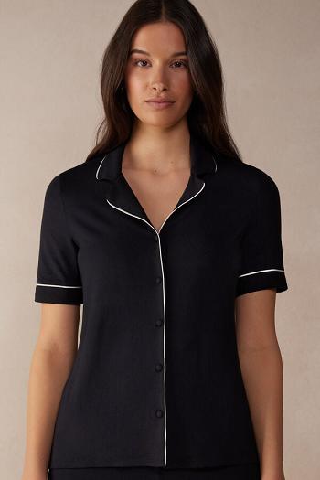 Intimssimi Short Sleeve Button Up Shirt in Modal Black | DILVO14155