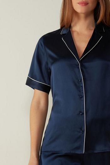 Intimssimi Short Sleeve Silk Shirt with Contrast Trim Blue | ILXMI97400