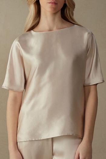 Intimssimi Short Sleeve Silk and Modal Top Natural | QILUV37861