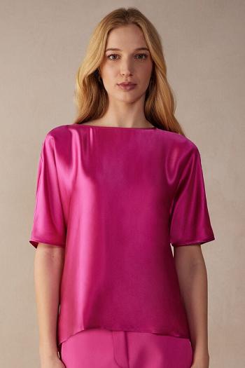 Intimssimi Short Sleeve Silk and Modal Top Pink | QILWA40318