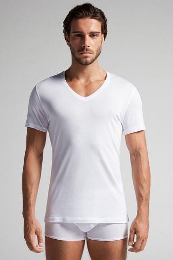 Intimssimi Short-Sleeve V-Neck T Shirt in Extra-Fine Supima® Cotton White | QILUV95104