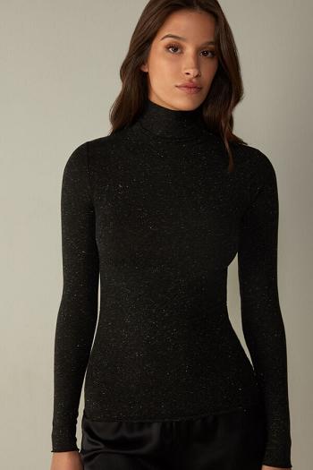 Intimssimi Turtleneck Top in Modal Light with Cashmere Lamé Black | ILQCS28701