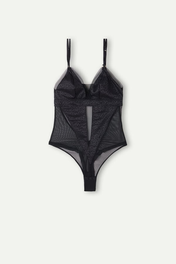 Intimssimi Cool Minimal Tulle and Satin Bodysuit Black | TILWZ86505