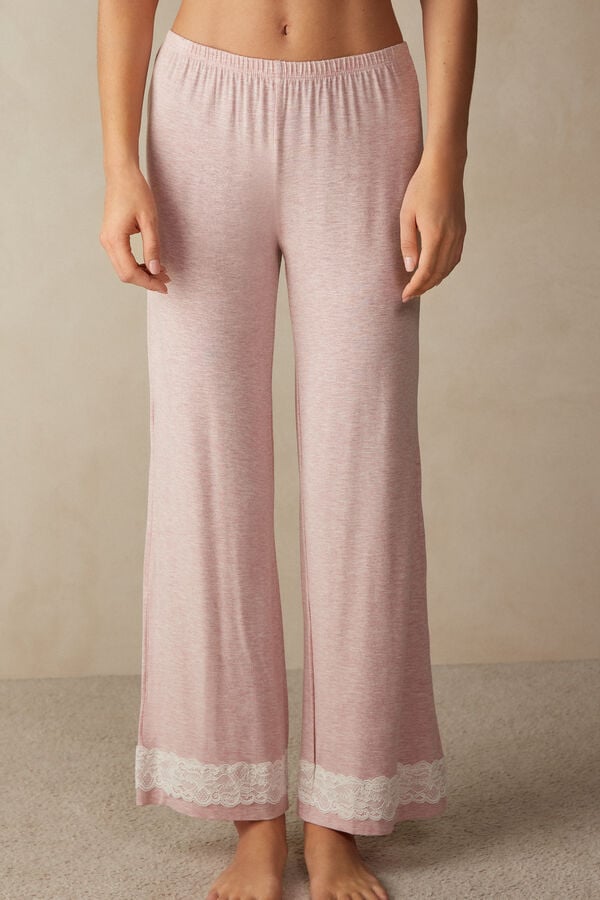 Intimssimi Lace Trim Full Length Pants in Modal Pale Pink | ILQCS53206