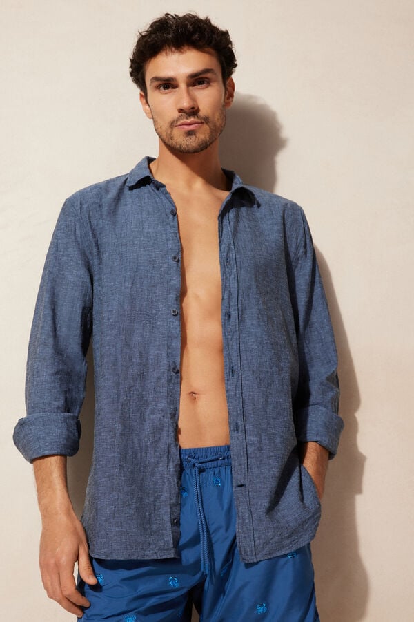 Intimssimi Linen and Cotton Shirt Blue | AILWC29473