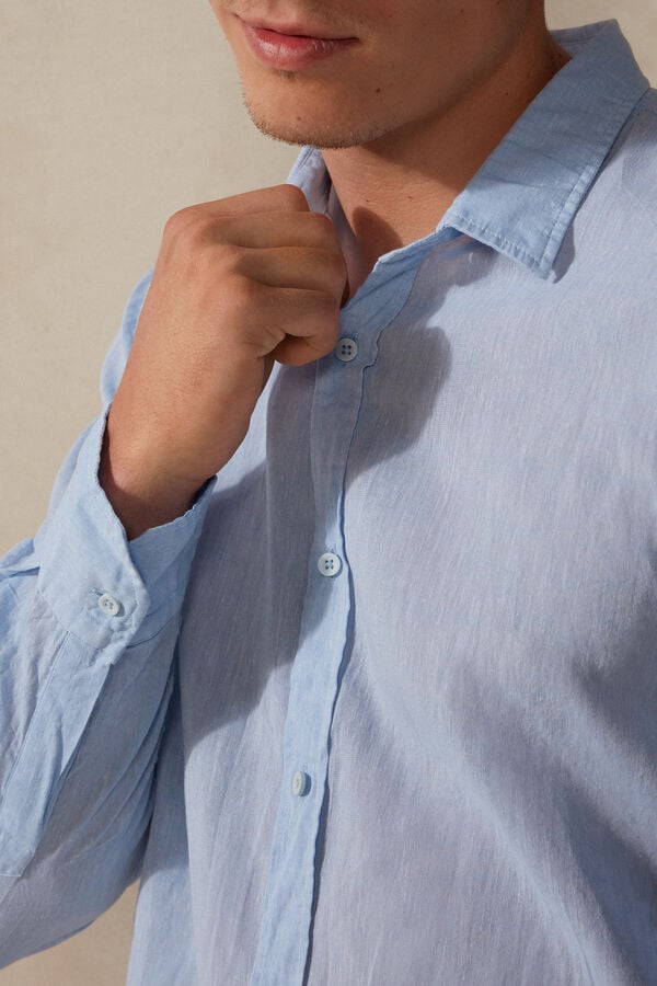 Intimssimi Linen and Cotton Shirt Light Blue | ILJBT14156