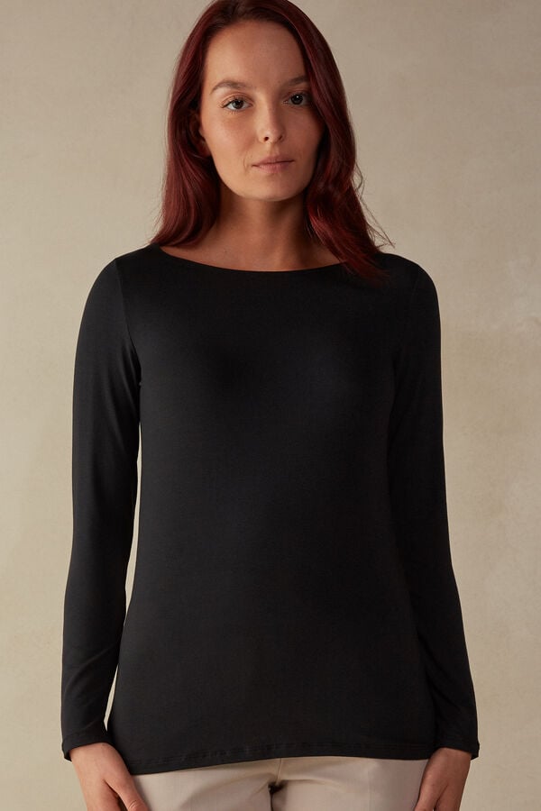 Intimssimi Long Sleeve Bateau Neck Top in Micromodal Black | ILEGJ88891