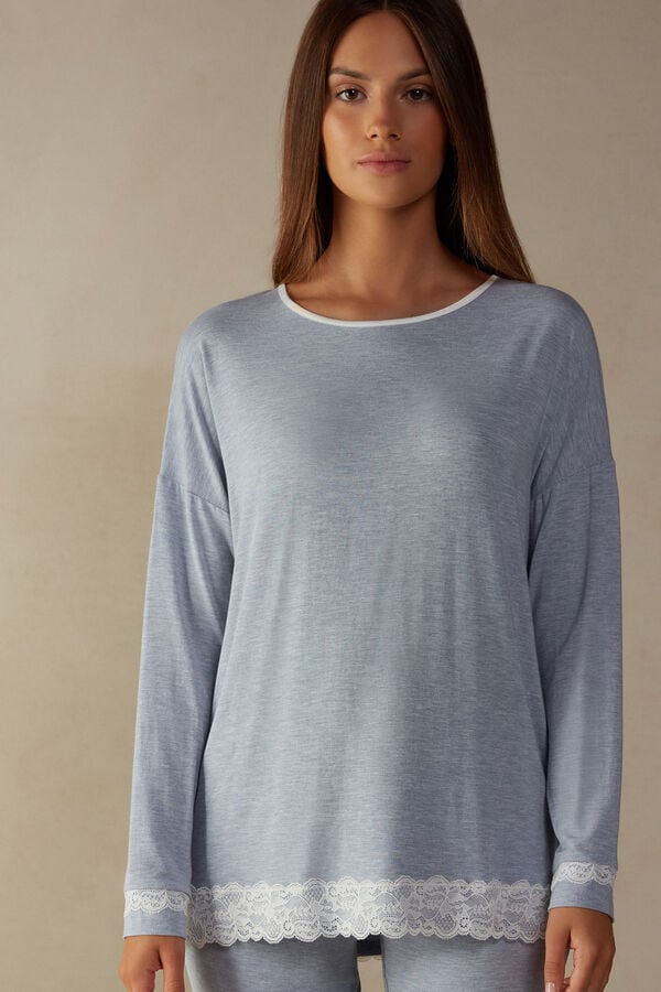 Intimssimi Long-Sleeve Round-Neck Modal Top Light Blue | BILSO10243