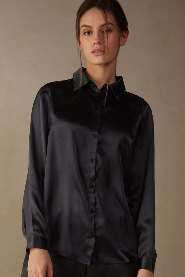 Intimssimi Long Sleeve Silk Shirt Black | AILWC57880