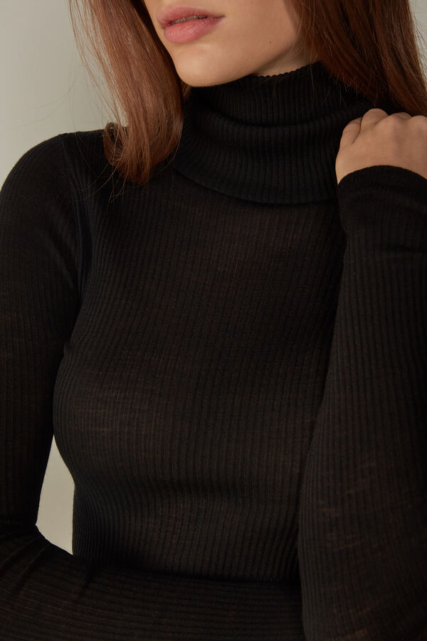 Intimssimi Long-sleeve High-Neck Tubular Top in Wool and Silk Black | GILUC29821