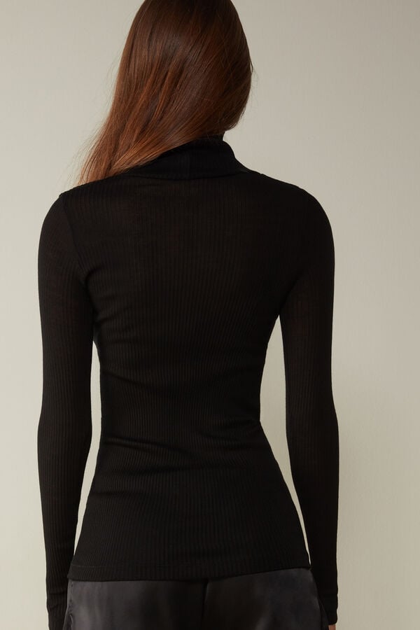 Intimssimi Long-sleeve High-Neck Tubular Top in Wool and Silk Black | GILUC29821