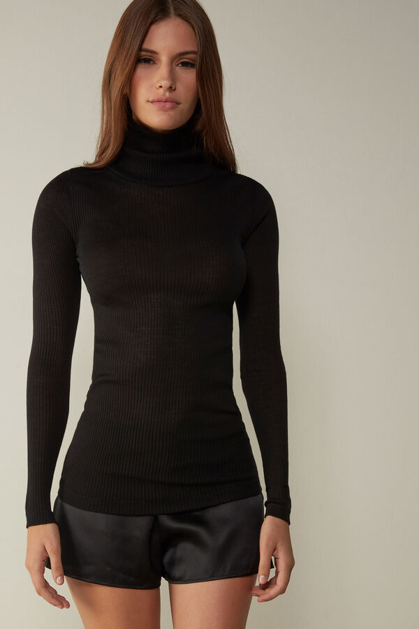 Intimssimi Long-sleeve High-Neck Tubular Top in Wool and Silk Black | GILUC29821