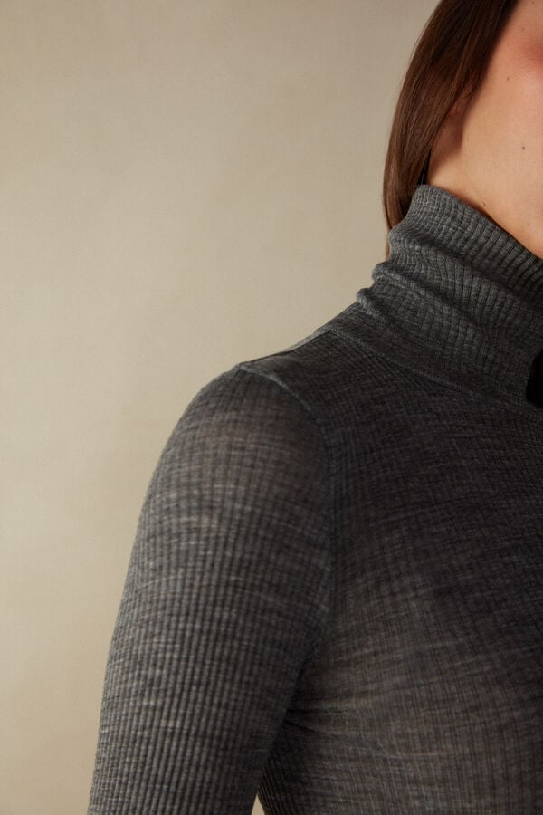 Intimssimi Long-sleeve High-Neck Tubular Top in Wool and Silk Grey | UILND13397