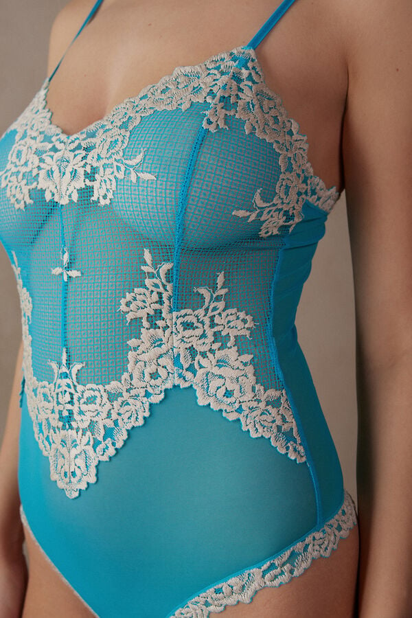 Intimssimi Pretty Flowers Tulle and Lace Bodysuit Blue | EILVG38536