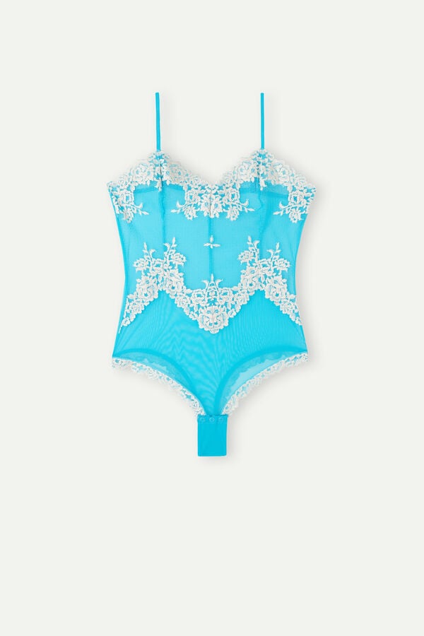 Intimssimi Pretty Flowers Tulle and Lace Bodysuit Blue | EILVG38536