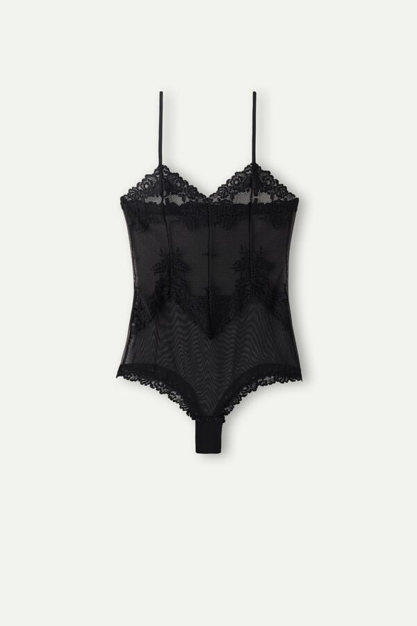 Intimssimi Pretty Flowers Tulle and Lace Bodysuit Black | ILIIZ81153