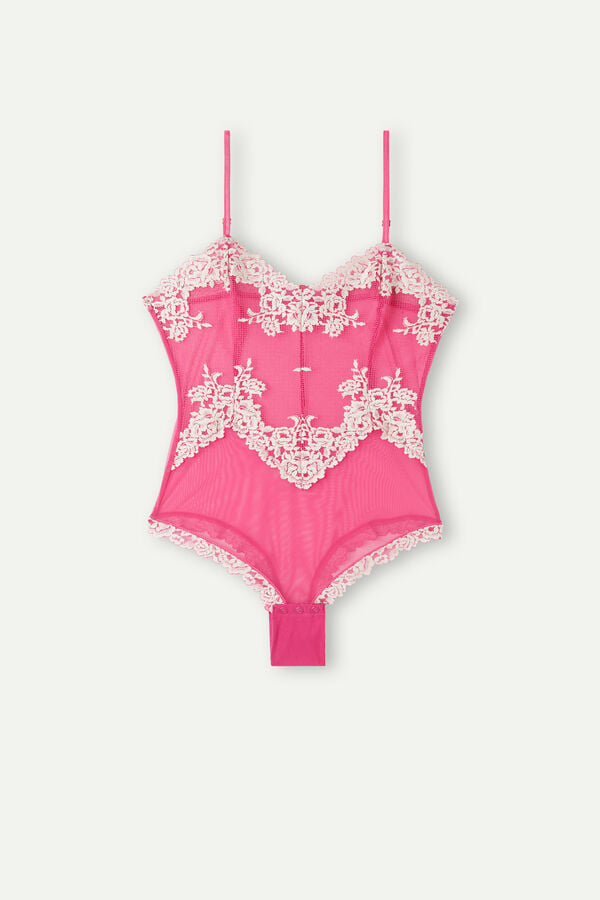 Intimssimi Pretty Flowers Tulle and Lace Bodysuit Pink | ILZDE32248