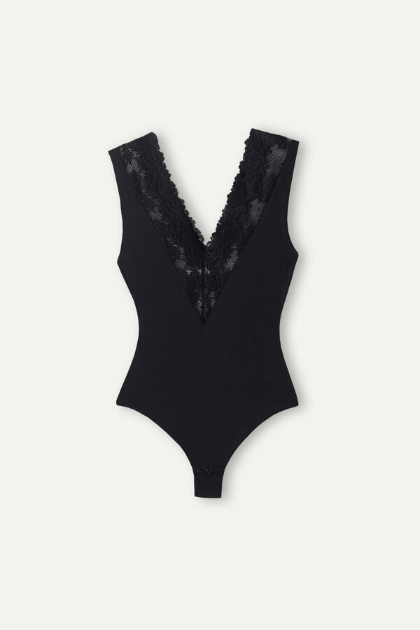 Intimssimi Pretty Flowers V-neck Bodysuit Black | TILPQ90001