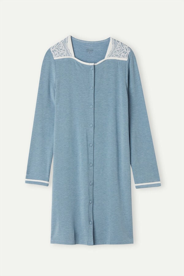 Intimssimi Romantic Bedroom Button Up Night Shirt in Modal with Wool Light Blue | QILUV94369