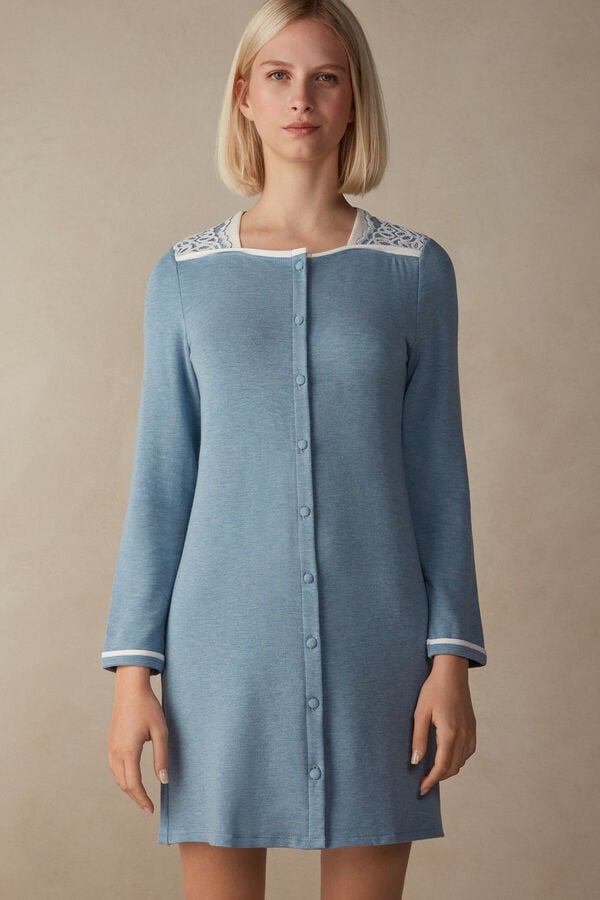 Intimssimi Romantic Bedroom Button Up Night Shirt in Modal with Wool Light Blue | QILUV94369