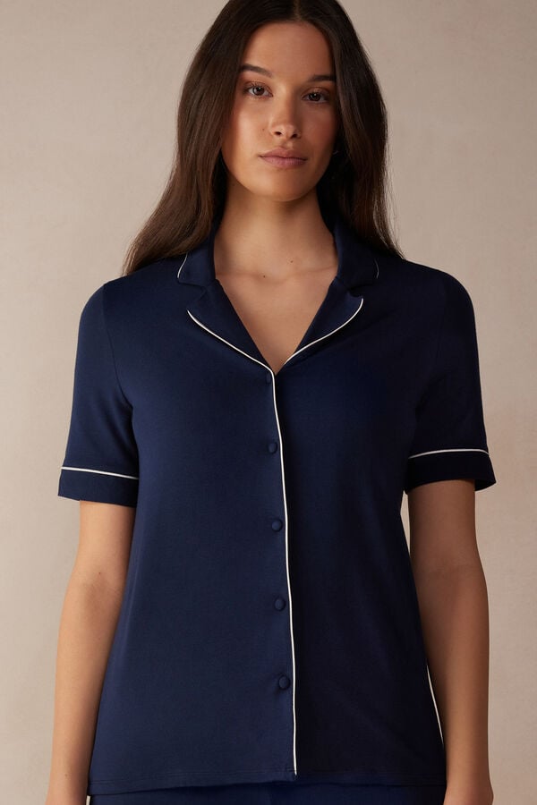 Intimssimi Short Sleeve Button Up Shirt in Modal Blue | ILNZX34836