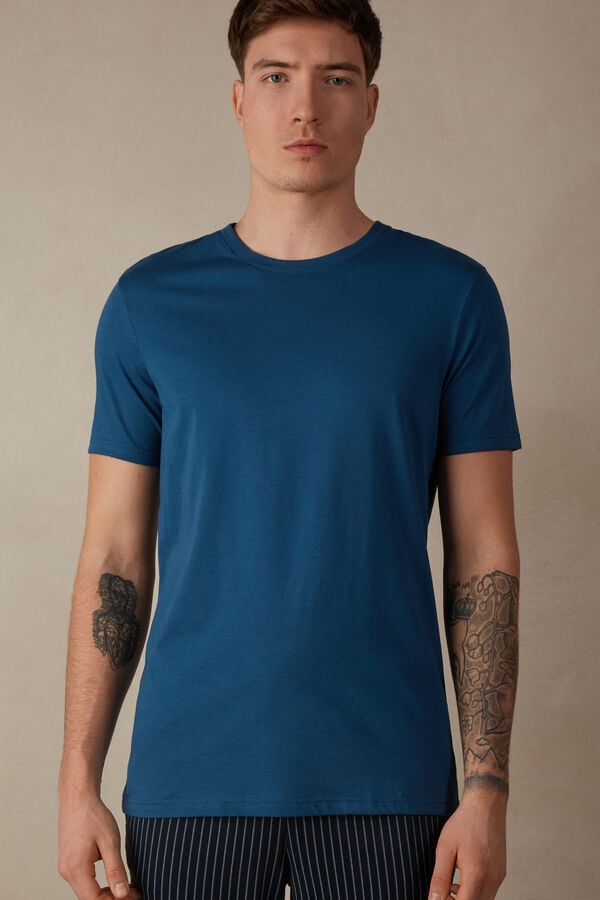 Intimssimi Short Sleeve Crew Neck T Shirt in Supima® Cotton Blue | EILVG82594