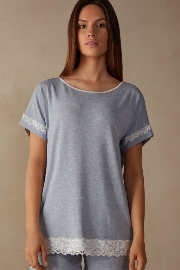 Intimssimi Short-Sleeve Modal Top with Lace Detail Light Blue | ILQCS58897