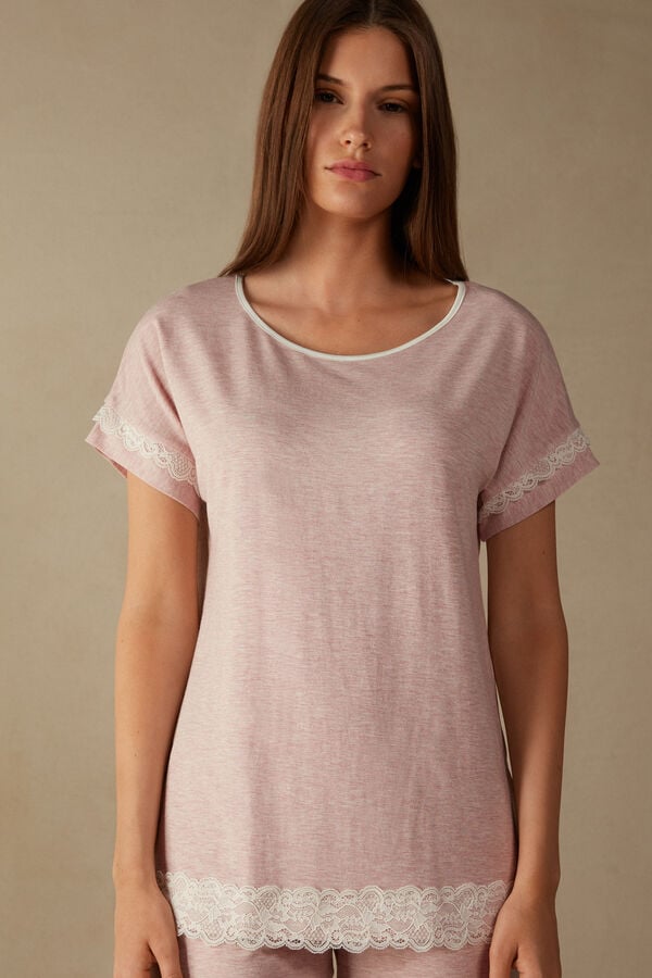 Intimssimi Short-Sleeve Modal Top with Lace Detail Pale Pink | LILSX12495