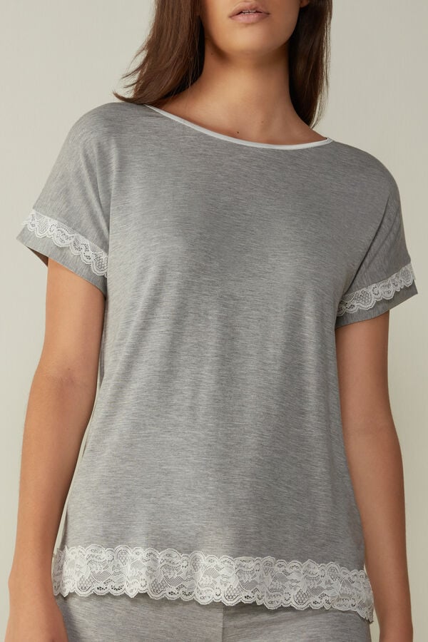 Intimssimi Short-Sleeve Modal Top with Lace Detail Grey | XILGW19078