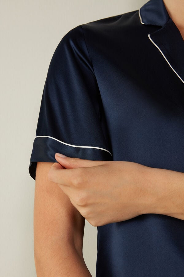 Intimssimi Short Sleeve Silk Shirt with Contrast Trim Blue | ILXMI97400