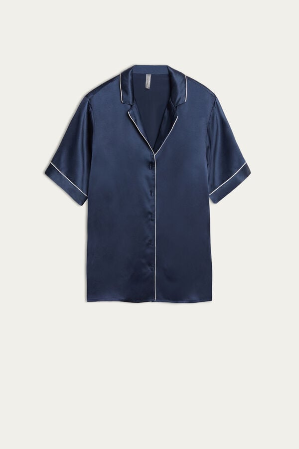 Intimssimi Short Sleeve Silk Shirt with Contrast Trim Blue | ILXMI97400