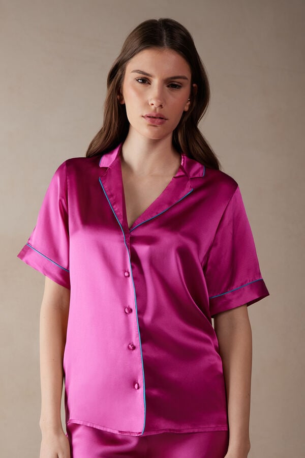 Intimssimi Short Sleeve Silk Shirt with Contrast Trim Pink | LILSX20435