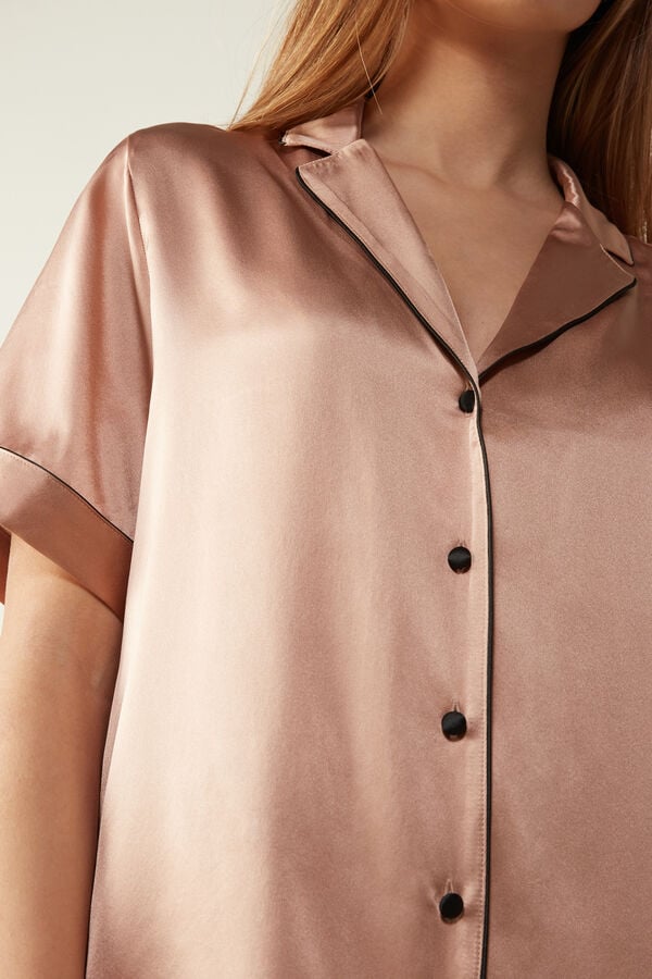 Intimssimi Short Sleeve Silk Shirt with Contrast Trim Natural | PILER91991