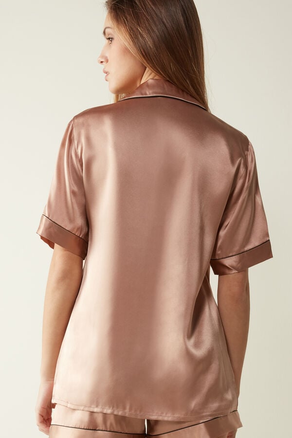 Intimssimi Short Sleeve Silk Shirt with Contrast Trim Natural | PILER91991