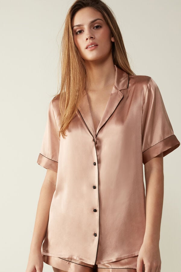 Intimssimi Short Sleeve Silk Shirt with Contrast Trim Natural | PILER91991