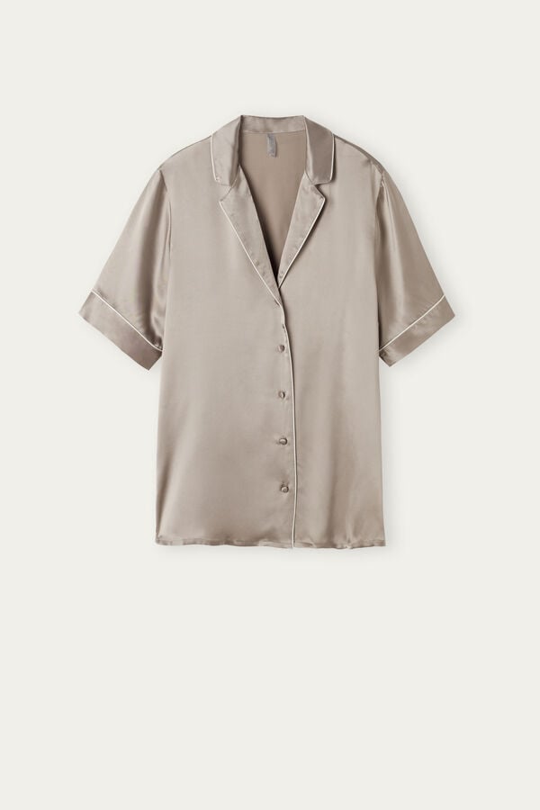 Intimssimi Short Sleeve Silk Shirt with Contrast Trim Natural | QILUV24074