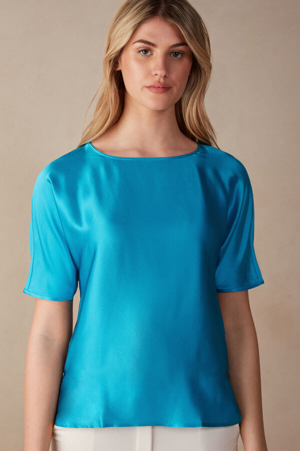 Intimssimi Short Sleeve Silk and Modal Top Blue | ILEGJ42583