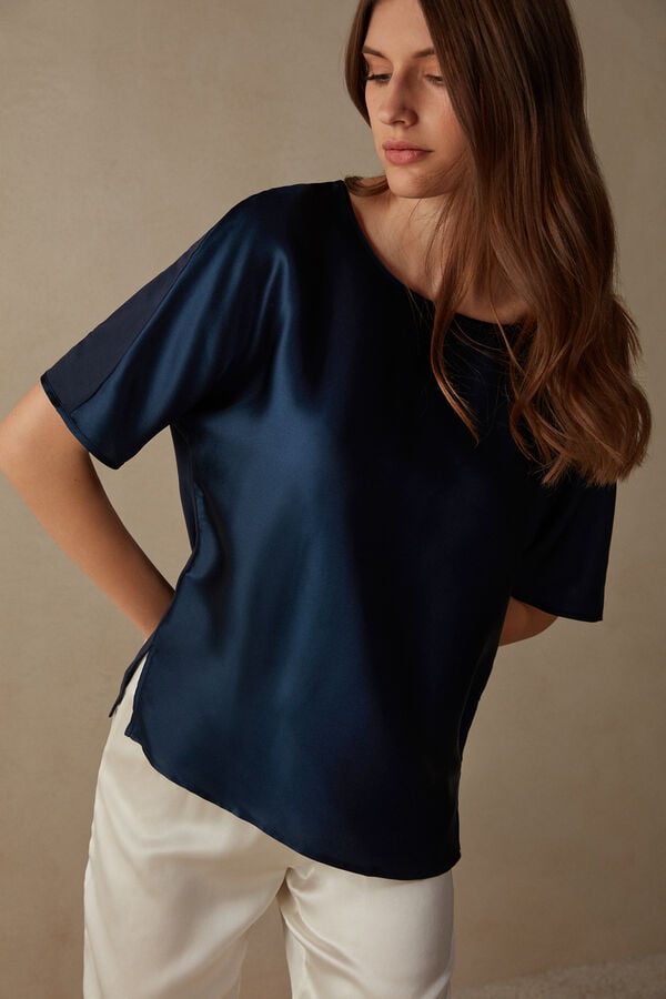 Intimssimi Short Sleeve Silk and Modal Top Blue | ILJBT53167