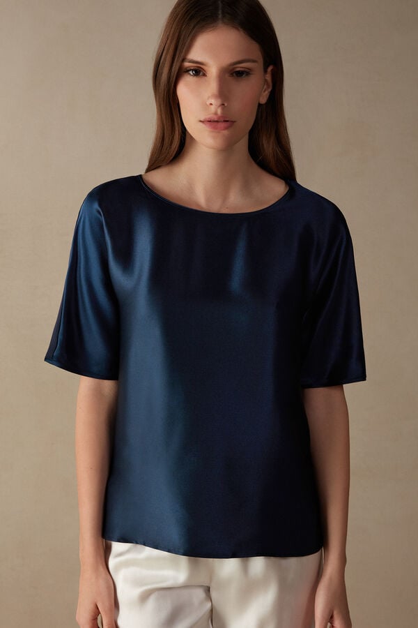 Intimssimi Short Sleeve Silk and Modal Top Blue | ILJBT53167