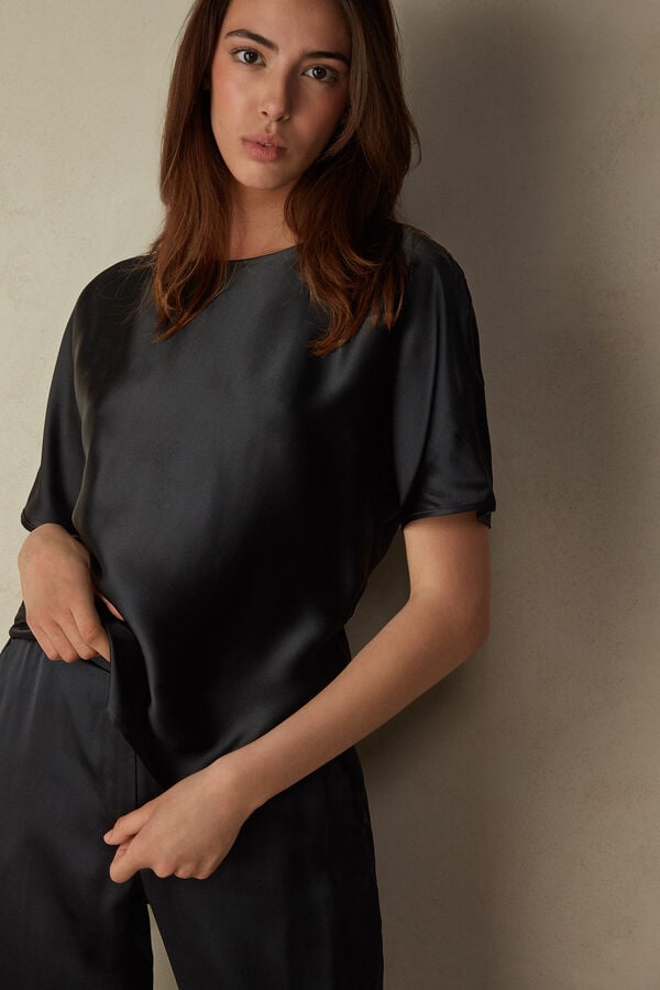 Intimssimi Short Sleeve Silk and Modal Top Black | UILTG27893