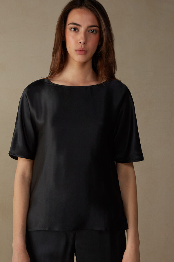 Intimssimi Short Sleeve Silk and Modal Top Black | UILTG27893