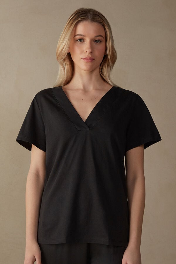 Intimssimi Short Sleeve V-neck Top in Supima® Ultrafresh Cotton Black | MILFT74657